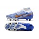 Nike Zoom Mercurial Superfly 9 Elite SG Traction Blanc Bleu